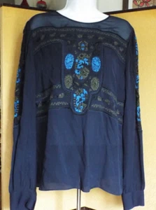 VERONICA BEARD blau/schwarz SEIDE Bluse Top 12 bestickte Details - Bild 1 von 8