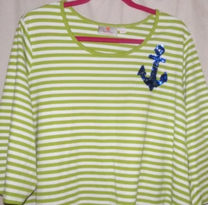 Quacker Factory 3/4 Sleeve Cotton Knit Sz 3X Lime/White Stripe/Blue Anchor Bling - Picture 1 of 10