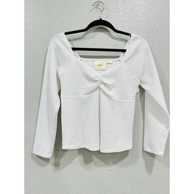 Maeve Anthropologie Small White Textured Ruched Sweetheart Long Sleeve Top - Image 1 of 4
