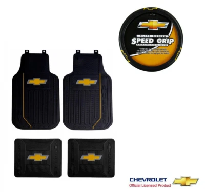New Chevrolet Gold Bowtie Logo Front Back Rubber Floor Mats Steering Wheel Cover - Imagem 1 de 4