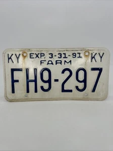 Kentucky Farm Nummernschild 31.03.1991 KY Tag Vintage weiß blau FH9-297 - Bild 1 von 2