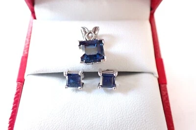Basket Set 4.5mm Square Blue Sapphire 14K White Gold Stud Earrings & Pendant Set - Image 1 of 4