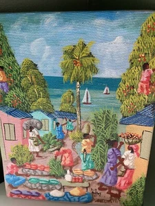 L Y Alaby Haitian Painter's Colorful Canvas of Seaside Village Market - Picture 1 of 7