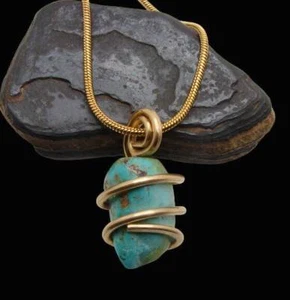 Gorgeous Hand Forged Natural Blue Turquoise Pendant Bronze Merlin's Gold #54 - Picture 1 of 3