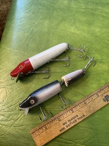 2 Vintage Wood Heddon "Vamp" Fishing Lures Gold Stencil Jointed Rainbow Trout - Picture 1 of 15