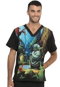 Yoda Cherokee Scrubs Tooniforms Star Wars Mens V Neck Top TF708 SRJM - Picture 1 of 6