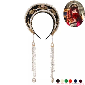 Renaissance Women Tudor French Hood Headpiece Beads Chain Royal Coronet Tiara - Picture 1 of 25