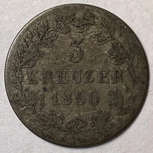1850 Wurttemberg 3 Kreuzer Very Fine VF Coin #7028 - Picture 1 of 2