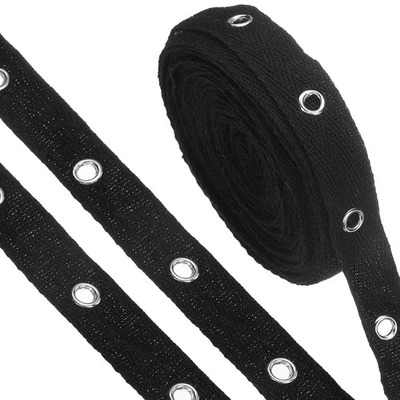 6 Yards Cotton Eyelet Trim with Grommets, 0.59 Inch Eyelet Tape, Black + Silver - Изображение 1 из 4