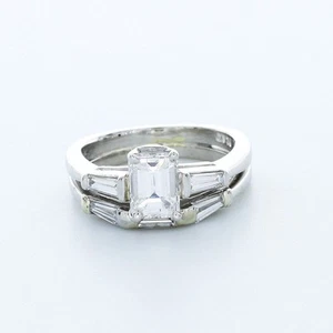 Vintage-Brautset mit drei Steinen 2,1 kt im Labor erstellter Diamant D/VS2 Smaragd Platin - Bild 1 von 4