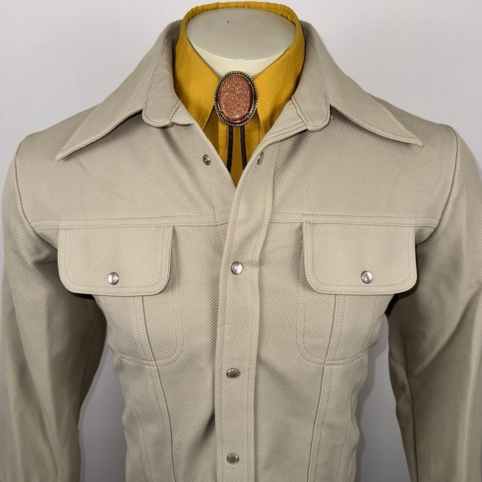 Vtg 60s 70s Leisure Suit Jacket Sears Pearl Snap Coat Rockabilly Tan Mens Medium - Image 1 of 4