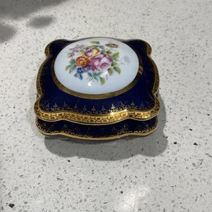 Caja de baratijas de porcelana dorada azul cobalto Limoges (Francia) pintada a mano como nueva - Imagen 1 de 9
