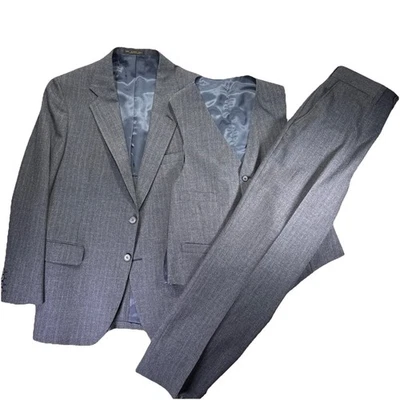Vintage Stonehaven 100% Wool 3 Piece Suit 42R Gray Pinstripe Flannel 34x28 Pants - Image 1 of 4