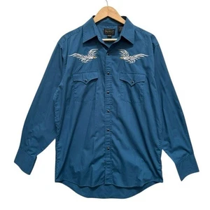 Vintage High Noon Mens 70s Western Pearl Snap Long Sleeve Shirt Blue Size Medium - Picture 1 of 9