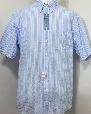 NEW Jos A Bank Stays Cool Shirt Seersucker Button Shoer Sleeve Blue Striped L - Image 1 of 2
