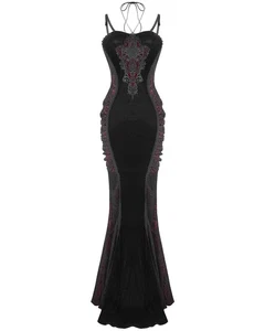 Eva Lady Damen Lang Dunkel Devore Gothic Samt Spitze Nixe Kleid Schwarz & Rotes - Picture 1 of 13