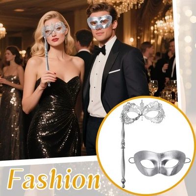 2pcs Couple Venetian Metal Masquerade Mask with Grip Stick for Carnival Costumes - Image 1 of 3