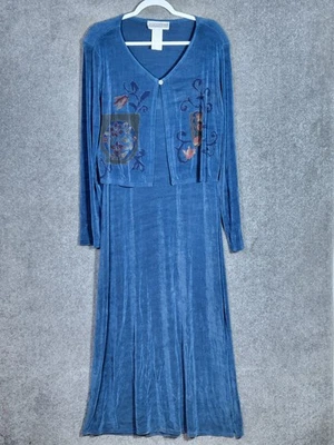 Jessica Howard Maxi Dress & Cardigan Set Womens Size 14 Teal Slinky Knit Y2K USA - Image 1 of 4