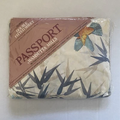 Wamsutta Mills Passport Double Full Fitted Bed Sheet Bamboo Leaves Birds New Vtg - Image 1 of 4