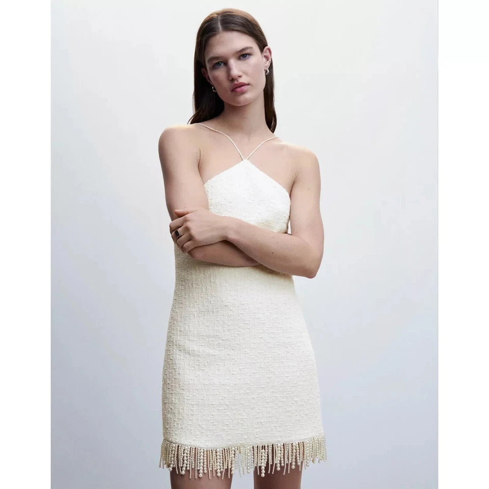 JASON WU Tweed Textured Knit Pearl Bead Fringe Bridal Mini Dress Ivory Sz M /498 - Image 1 of 4