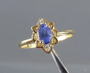 14K YELLOW GOLD Dainty Cocktail Ring LAVENDER TANZANITE w/DIAMOND TRIM 7.5-7.75 - Picture 1 of 8