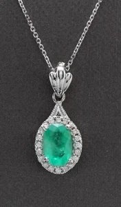 1.15 Carat Natural Colombian Emerald and Diamond 14K Solid White Gold Pendant - Picture 1 of 4