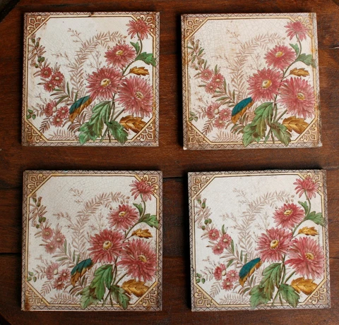 4 Antique Floral Pretty Ceramic Vintage Victorian Tiles 6in x 6in Cover