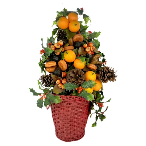 Vintage Artificial Christmas Red Wicker Wall Pocket Basket Holly Oranges Cones Cover