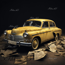 Digital Image Retro Car Art Pobeda Vintage Print Wallpaper Background Desktop