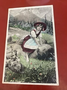 Easter Greetings Girl in Mountains Lambs vintage postcard #2491 - Picture 1 of 6