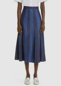 $990 Carolina Herrera Women's Blue Stripe Bias Seam Denim Skirt Size 8 - Picture 1 of 3