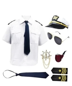 7-teiliges Herren Yacht Kapitän Marine Kostüm Erwachsene Hemd Hut Zubehör Set Party Neu - Bild 1 von 3