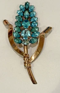 VINTAGE STERLING SILVER VERMEIL AQUA RHINESTONE FLOWER BROOCH - Picture 1 of 4