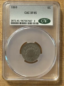 1869 Shield Nickel 5C CAC XF45 – Certified Eye Appeal, Original Surfaces - Picture 1 of 2