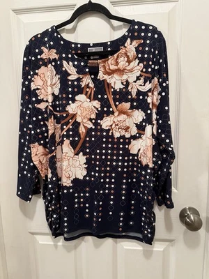 Blusa túnica colección JM XL azul marino floral detalles de cobre lados apresurados Foto 1 de 4