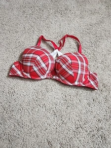 Lane Bryant Cacique Sz 42B Cotton Boost Plunge Bra Red Green Holiday Plaid - Picture 1 of 7