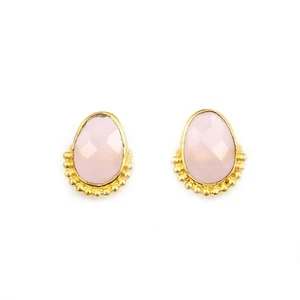 Pink Chalcedony Egg Shape Gold Plated Stud Earring Gift For Her Boho jewelry - Picture 1 of 2