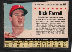 1961 Post Cereal #115, Dick Farrell, Philadelphia Phillies, SP, Print Defect - Picture 1 of 2