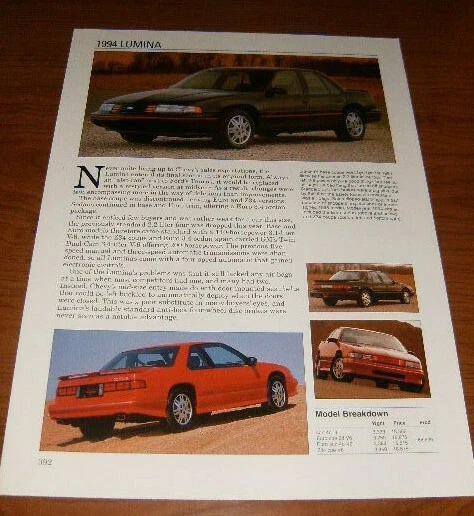 1994 CHEVY LUMINA SPEC SHEET PHOTO INFO 94 Z34 EURO COUPE SEDAN★★ - Image 1 of 1