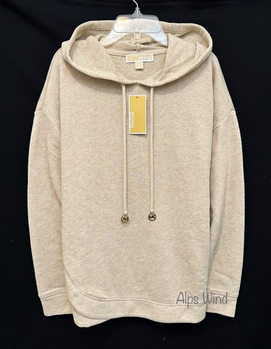 Felpa con cappuccio pullover donna Michael Kors logo MK beige farina d'avena stringata oro S M L XL