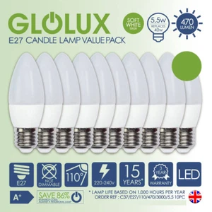 Glolux Dimmable LED Candle Bulb 40W E27 Soft White 470 lumens Energy savings - Picture 1 of 9