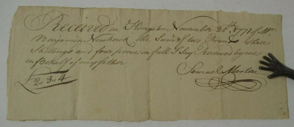 1771 Payment Receipt Signed by SAMUEL MASTEN, Kingston, Ulster County, NY - Image 1 of 1