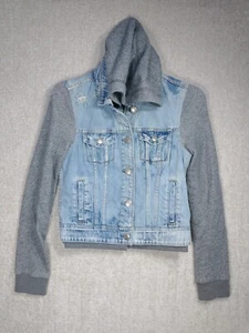 AMERICAN EAGLE Girls Sz S Jeans Denim Hoodie Jacket Distressed Gray Sleeve - Picture 1 of 6
