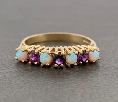 9ct Yellow Gold Amethyst & Opal Eternity Ring Size M 1/2 Hallmarked - Image 1 of 4