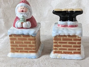 Santa Clause Stuck on Chimney Christmas Ceramic Salt and Pepper Shakers - Picture 1 of 7