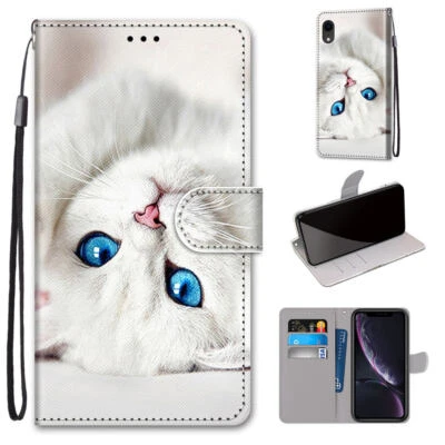 For Various Phone White Cat Card Pocket Wallet Case Flip Stand Cover Hot Cartoon - Image 1 of 4