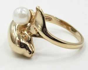 14Kt Yellow Gold *Dolphin Ring with Pearl Kabana Brand Size 6.5 US - Picture 1 of 6