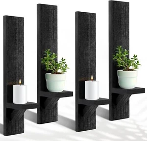 Set of 4 Wall Sconces Candle Holder Mount Decorative Wood Black Hanging Shelf - Picture 1 of 7