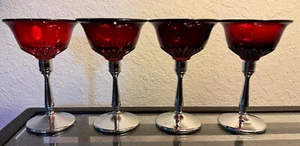 4 Crystal Bowl Chrome Stem Liquor Cocktail Deco Ruby by Paden UNK6338 5 1/4" - Picture 1 of 3