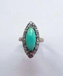 Victorian era 18K gold turquoise diamond marquise ring - Picture 1 of 9